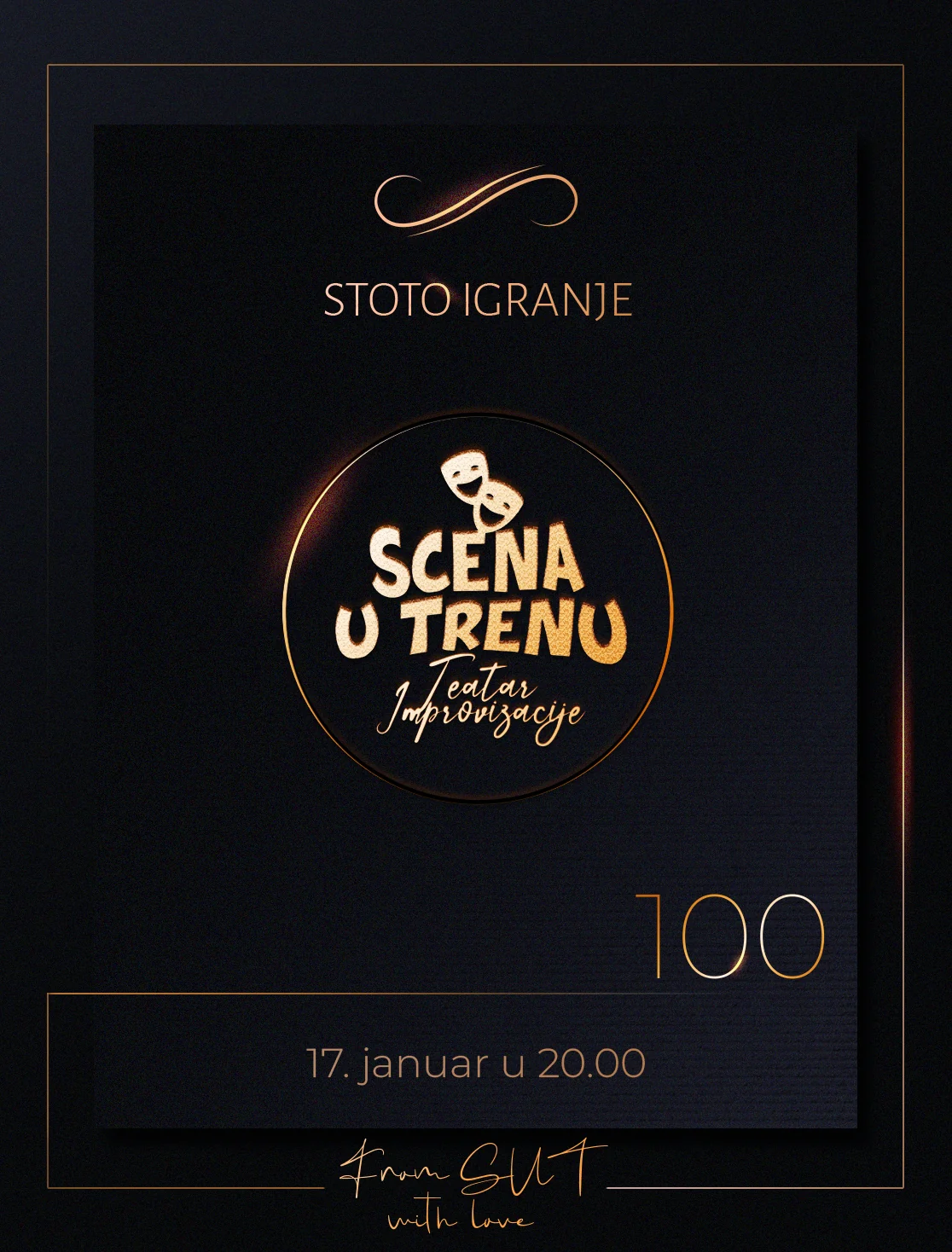Dark commemorative poster for Scena u Trenu's 100th performance