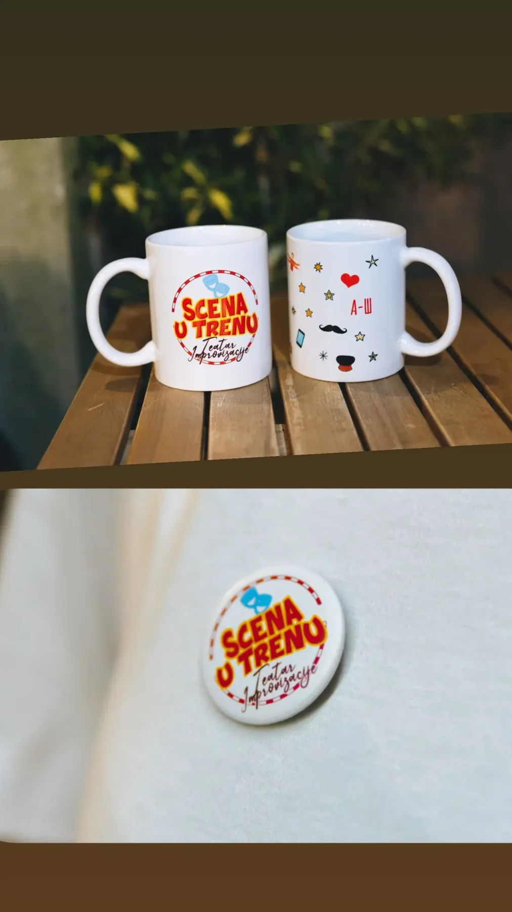 Branded cups and badge